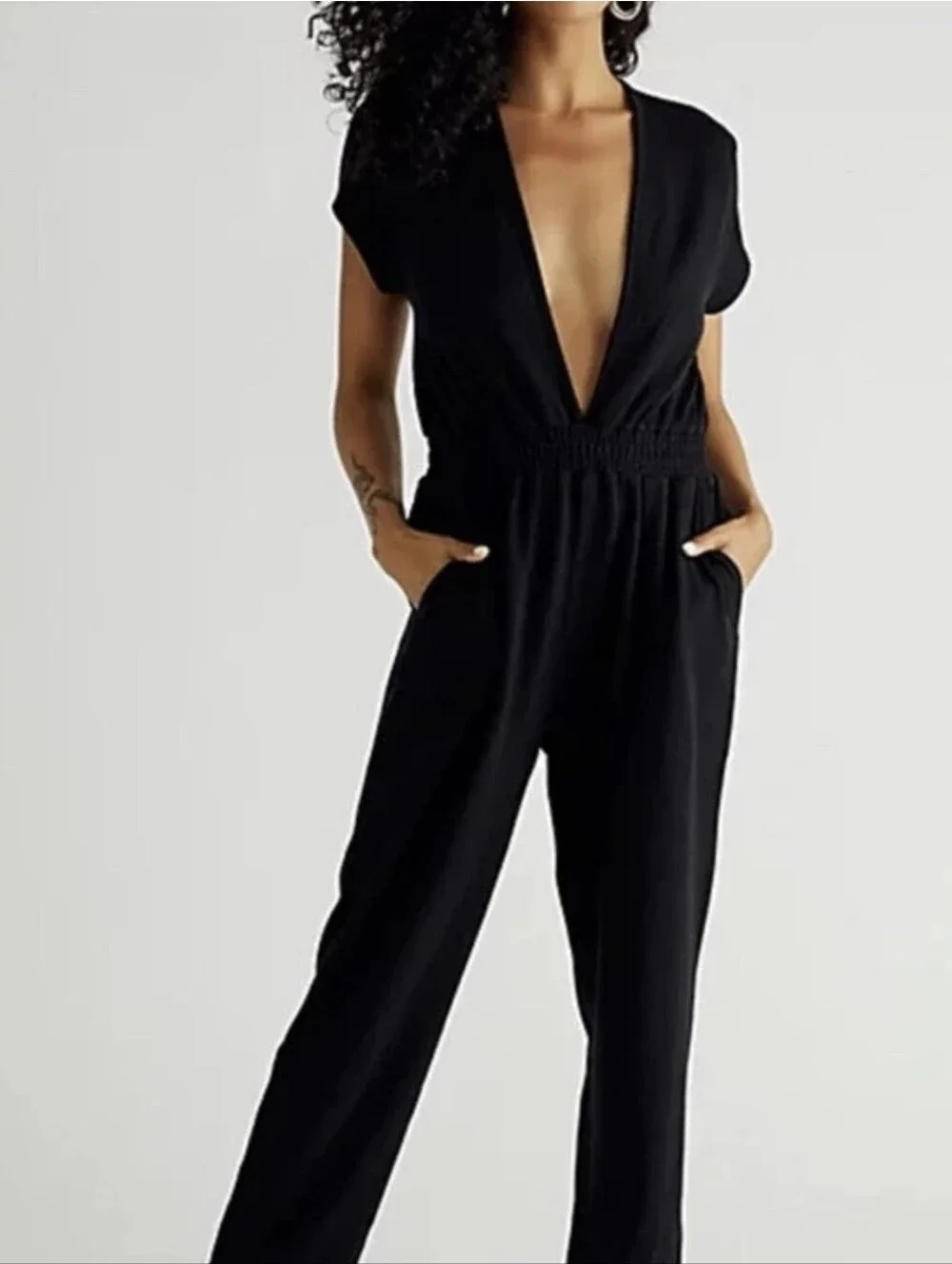 Free People Beach Rita Jumpsuit M Black Terry Knit Deep V Minimalist Resortwear
